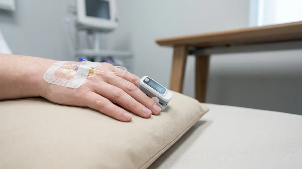 Close-Up Of Person's Pale Hand With Medical Monitoring | Recreate Ohio