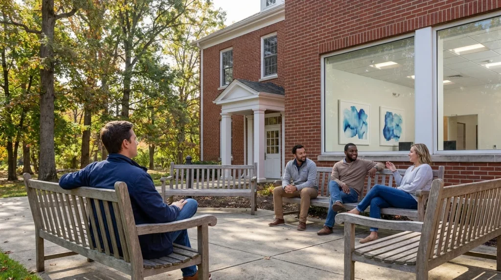 Person sitting peacefully on campus bench looking toward woo | Recreate Ohio