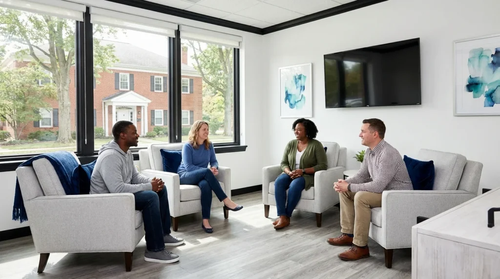 Small group discussion in bright therapy room with natural | Recreate Ohio