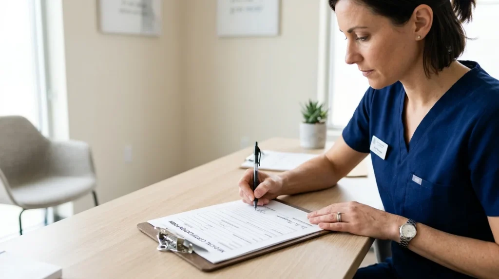 Close-Up of a Healthcare Provider Signing a Medical Certificate | Recreate Ohio