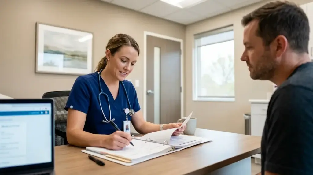 Medical Professional in Scrubs Reviewing a Patient Chart | Recreate Ohio