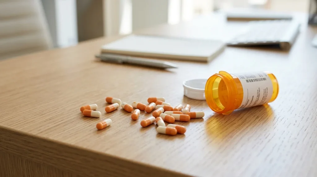 Close-Up of Scattered Prescription Pills on a Wooden Desk Next to an Empty Orange Pill Bottle Representing Adderall Abuse | Recreate Behavioral Health of Ohio