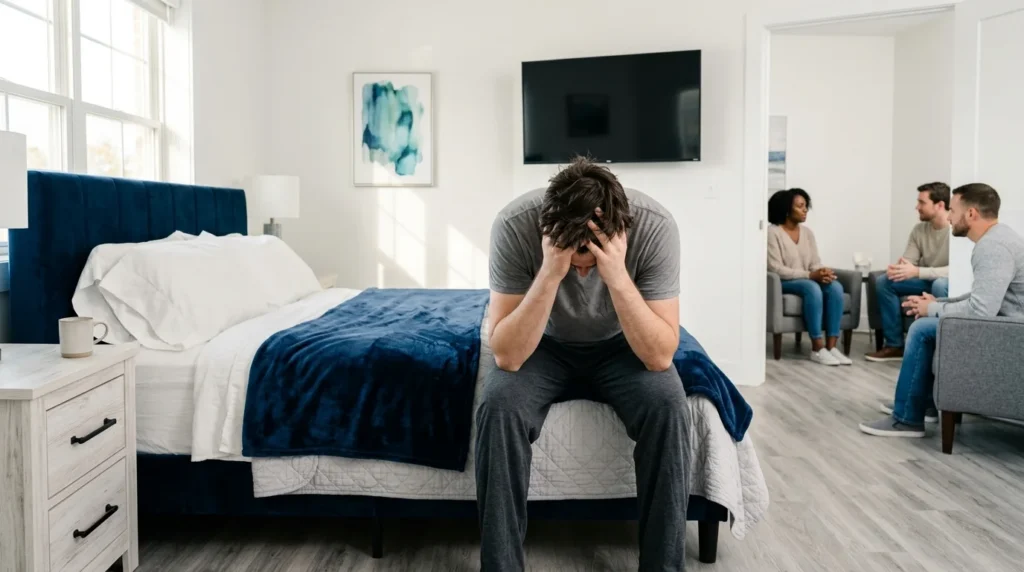 Exhausted Young Adult Man Sitting on the Edge of a Bed in the Early Morning With Head in Hands During Stimulant Withdrawal | Recreate Behavioral Health of Ohio