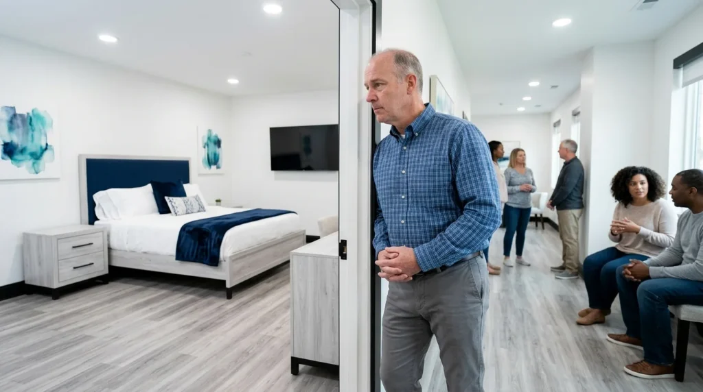 Middle-Aged Father Standing in a Doorway Looking at His Adult Son's Empty Room With a Worried Expression | Recreate Behavioral Health of Ohio