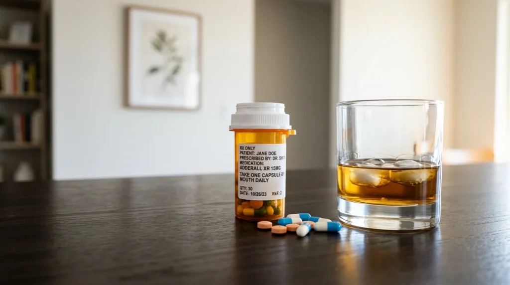 Mixing Adderall and Alcohol Risks and Dangers Shown as Prescription Pills Beside a Glass of Whiskey on a Dark Surface | Recreate Behavioral Health of Ohio