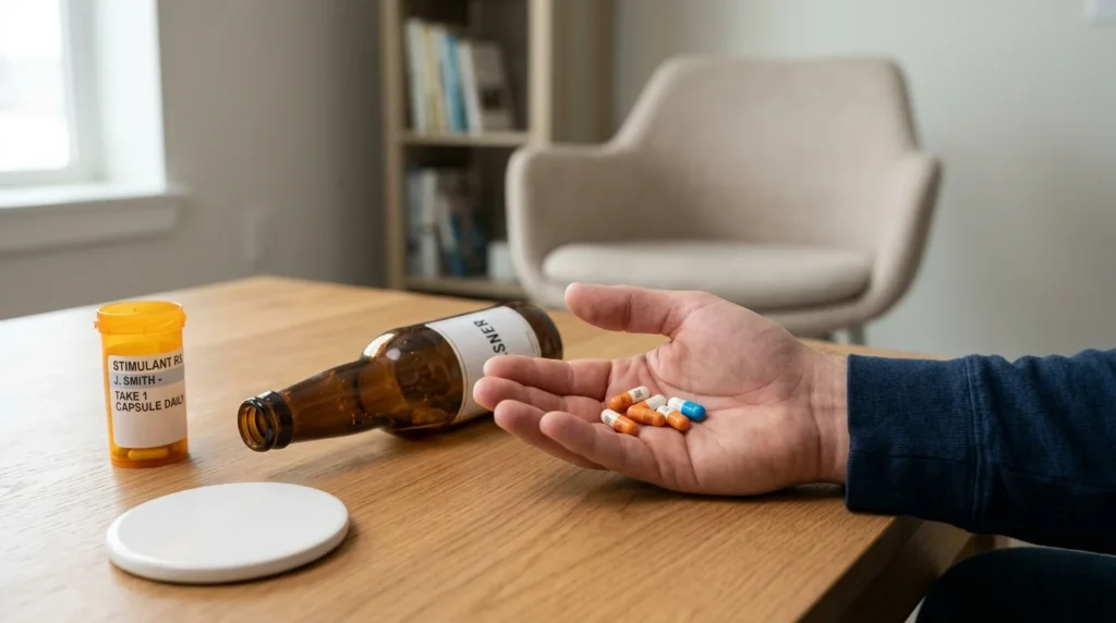 Person Gripping a Bar Counter Late at Night With an Untouched Glass in Front of Them and a Pill Bottle Visible in Their Jacket Pocket | Recreate Behavioral Health of Ohio