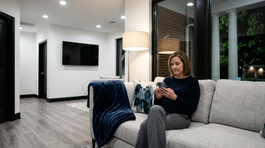 Spouse Sitting Alone on a Couch Late at Night, Phone in Hand, Researching Addiction Enabling Behavior | Recreate Behavioral Health of Ohio