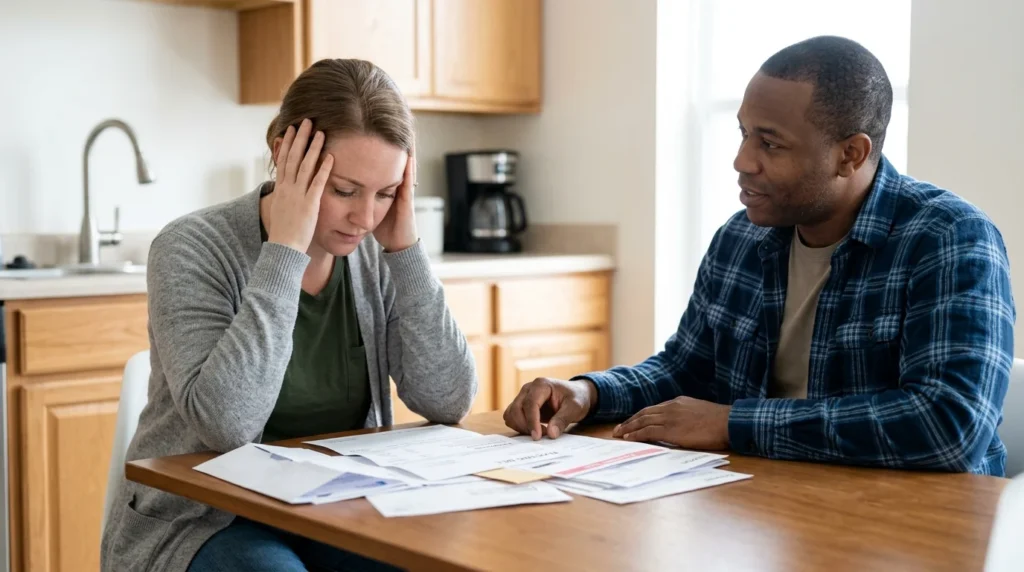 What Is Enabling --- Adult Woman Sitting at a Kitchen Table With Her Head in Her Hands, Unpaid Bills Spread in Front of Her | Recreate Behavioral Health of Ohio