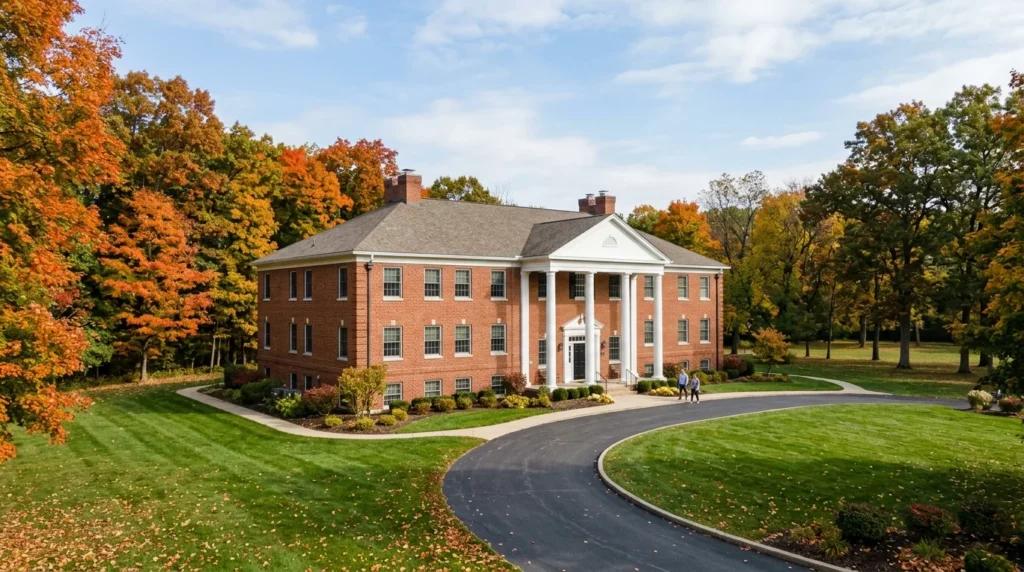 Wide Shot of the Serene Outdoor Campus Grounds in Gahanna Ohio Surrounded by Trees on a Quiet Autumn Afternoon | Recreate Behavioral Health of Ohio