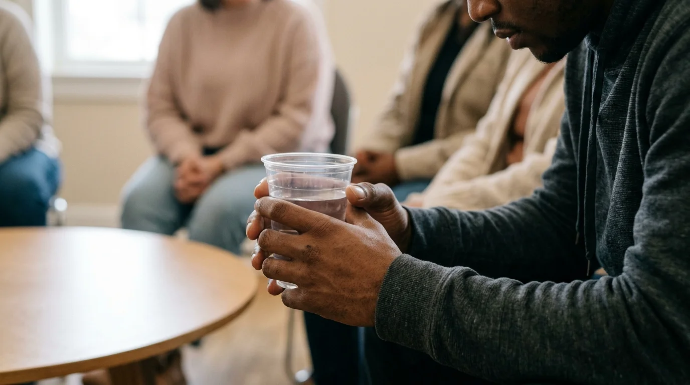 Close-Up of a Person's Hands Gripping a Water Cup During Early Addiction Recovery Stabilization | Recreate Ohio