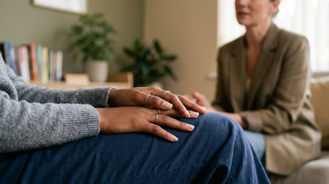 Close-Up of a Person's Hands Resting Open on Their Knees During a Counseling Session | Recreate Behavioral Health of Ohio