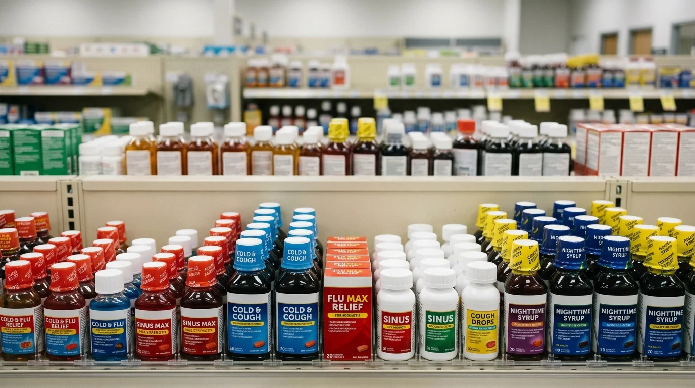 Close-Up of Rows of OTC Cold Medicine Bottles on a Pharmacy Shelf | Recreate Behavioral Health of Ohio