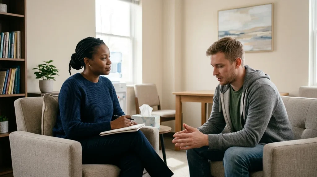 Counselor and Patient in a One-on-One Session Discussing Dual Diagnosis Treatment | Recreate Behavioral Health of Ohio