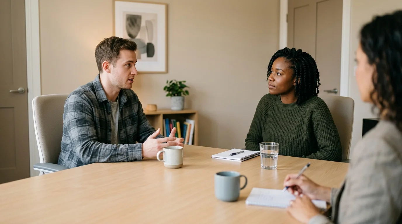 Family Member and Patient Talking Across a Table During Dual Diagnosis Family Therapy | Recreate Behavioral Health of Ohio