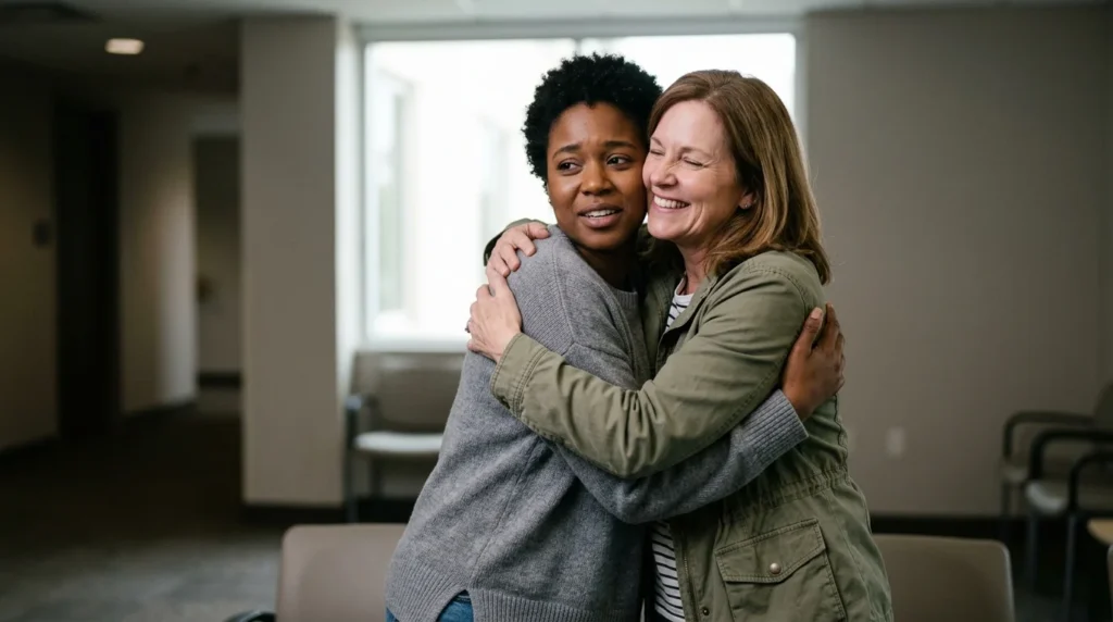 Family Member Embracing a Loved One After Completing a Residential Opioid Treatment Program | Recreate Ohio