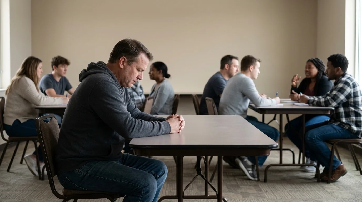 Man Sitting Alone at a Table With His Head Down During Addiction Recovery | Recreate Behavioral Health of Ohio