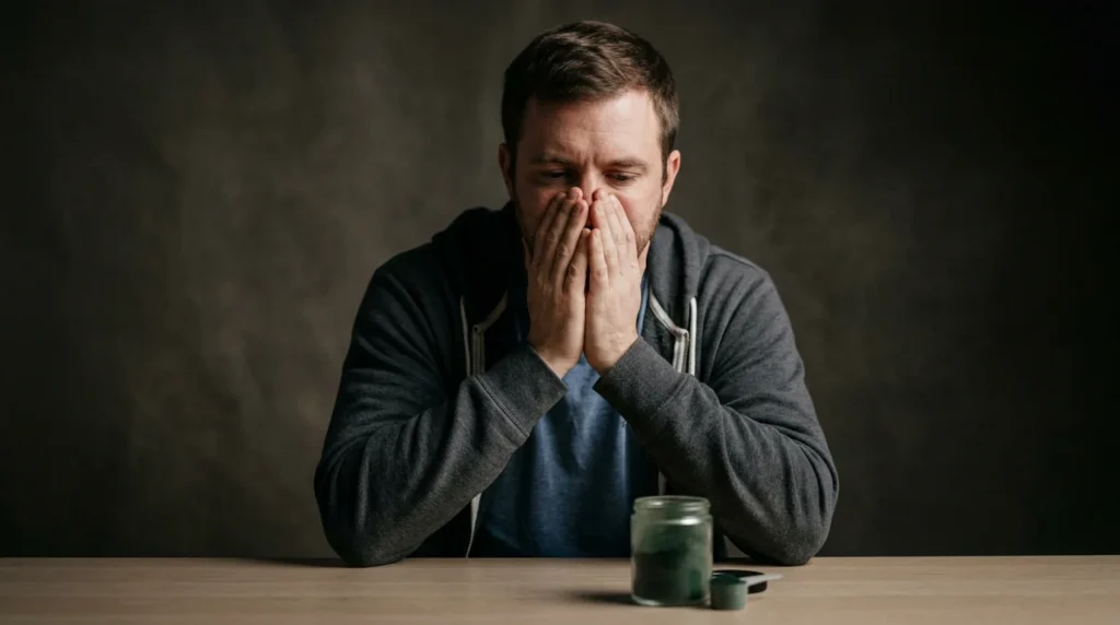 Man With Hands Pressed to His Face Experiencing Kratom Withdrawal Symptoms | Recreate Behavioral Health of Ohio