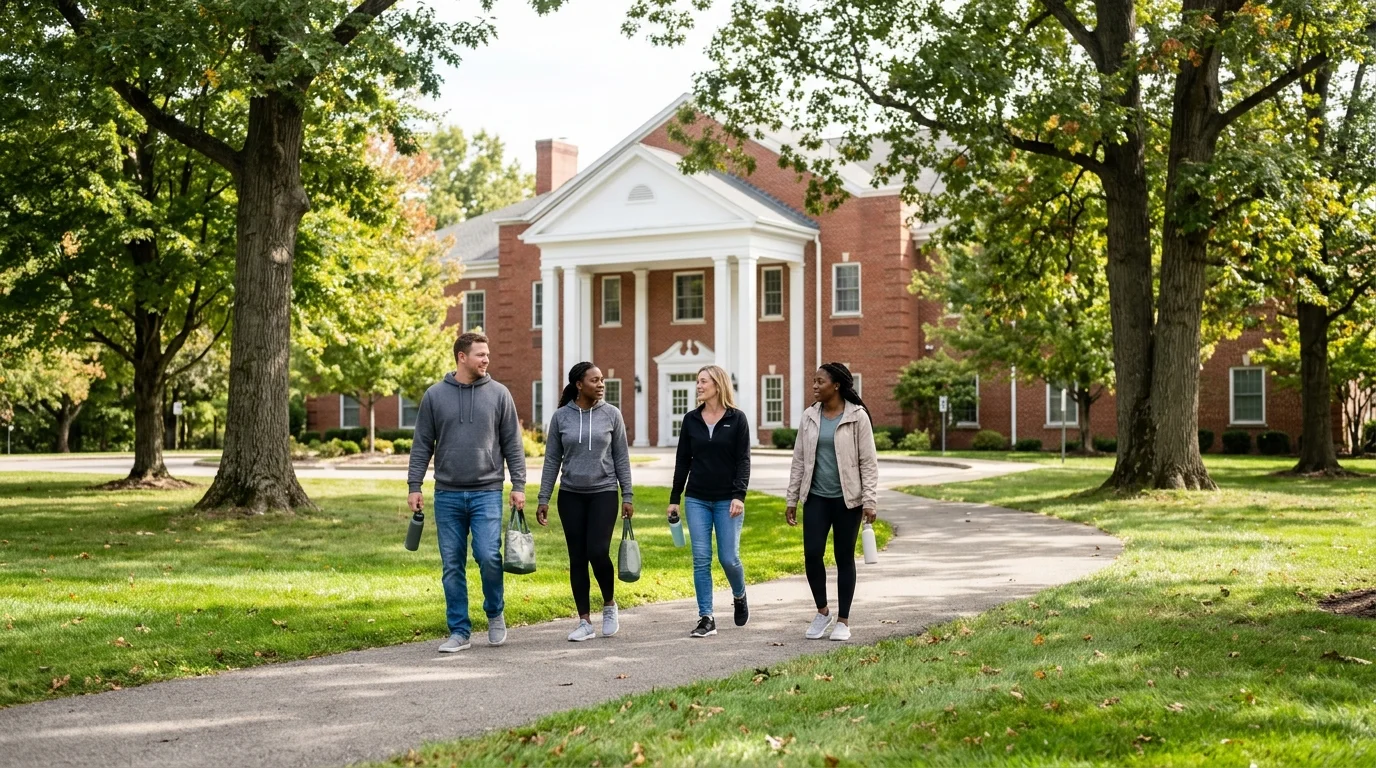 Patients Walking a Quiet Tree-Lined Path Near Recreate Ohio's Addiction Treatment Facility | Recreate Behavioral Health of Ohio