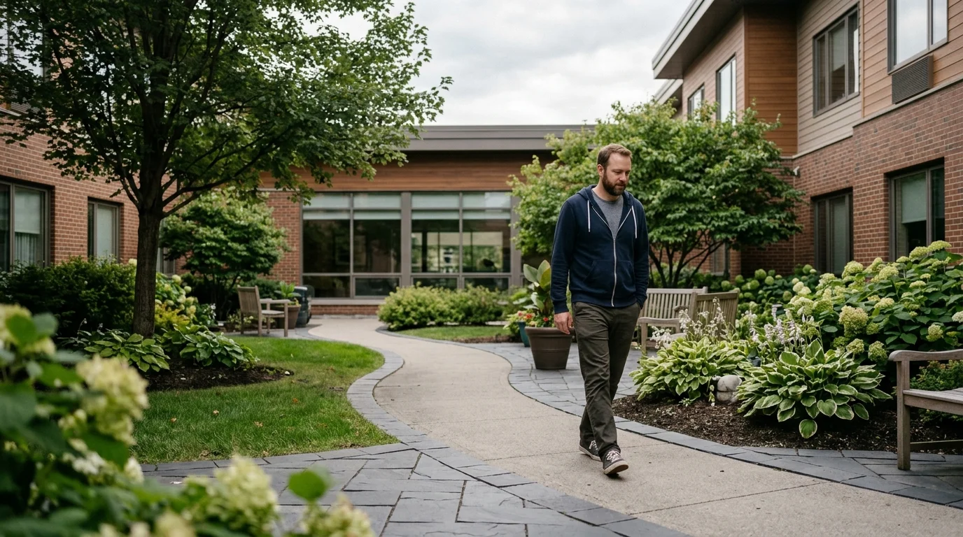 Person Walking Alone Through a Quiet Outdoor Courtyard During Residential Addiction Treatment | Recreate Ohio