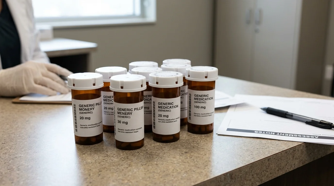 Prescription Pill Bottles Arranged on a Countertop During a Prescription Drug Assessment | Recreate Behavioral Health of Ohio