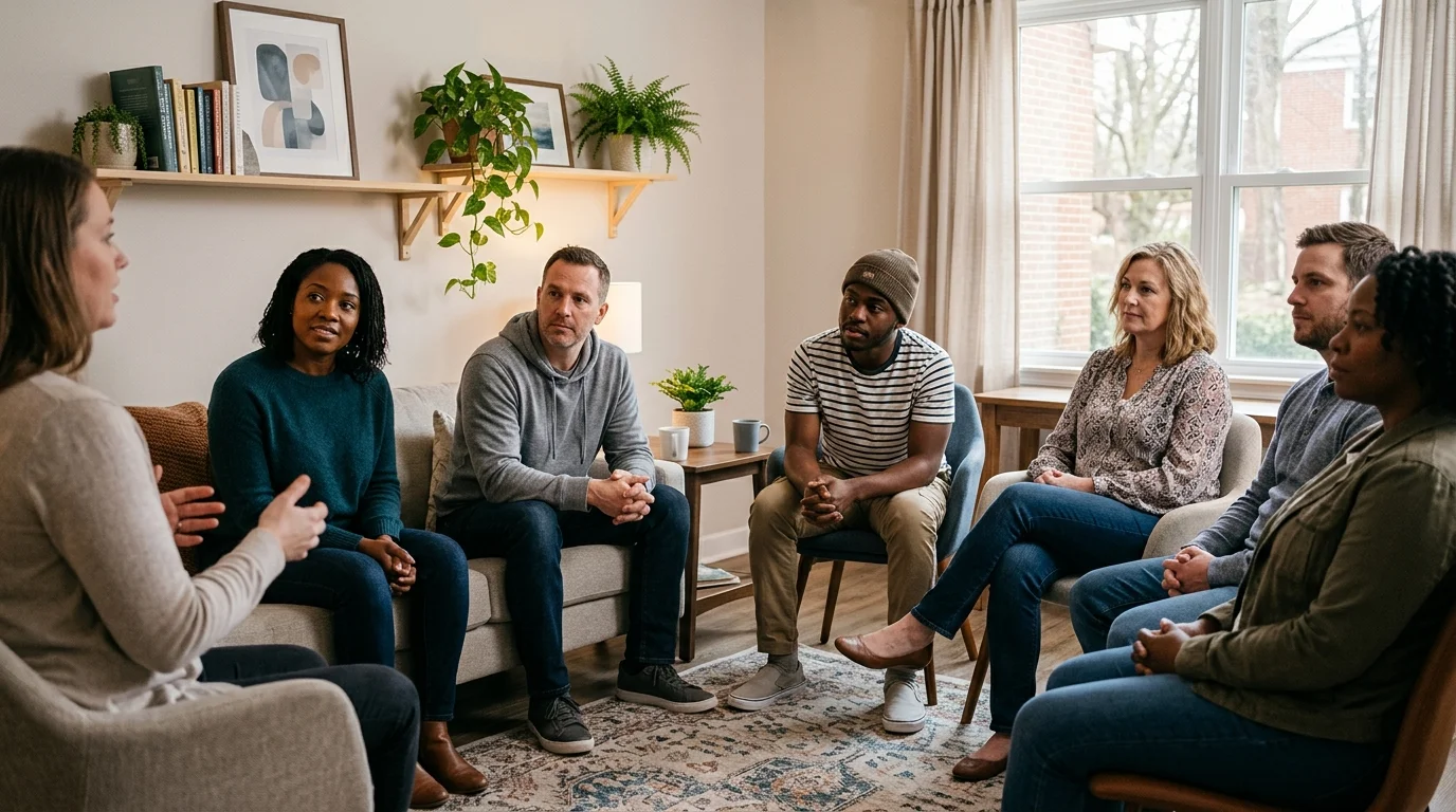 Small Group of Adults Listening Attentively in a Residential Treatment Program Discussion | Recreate Ohio