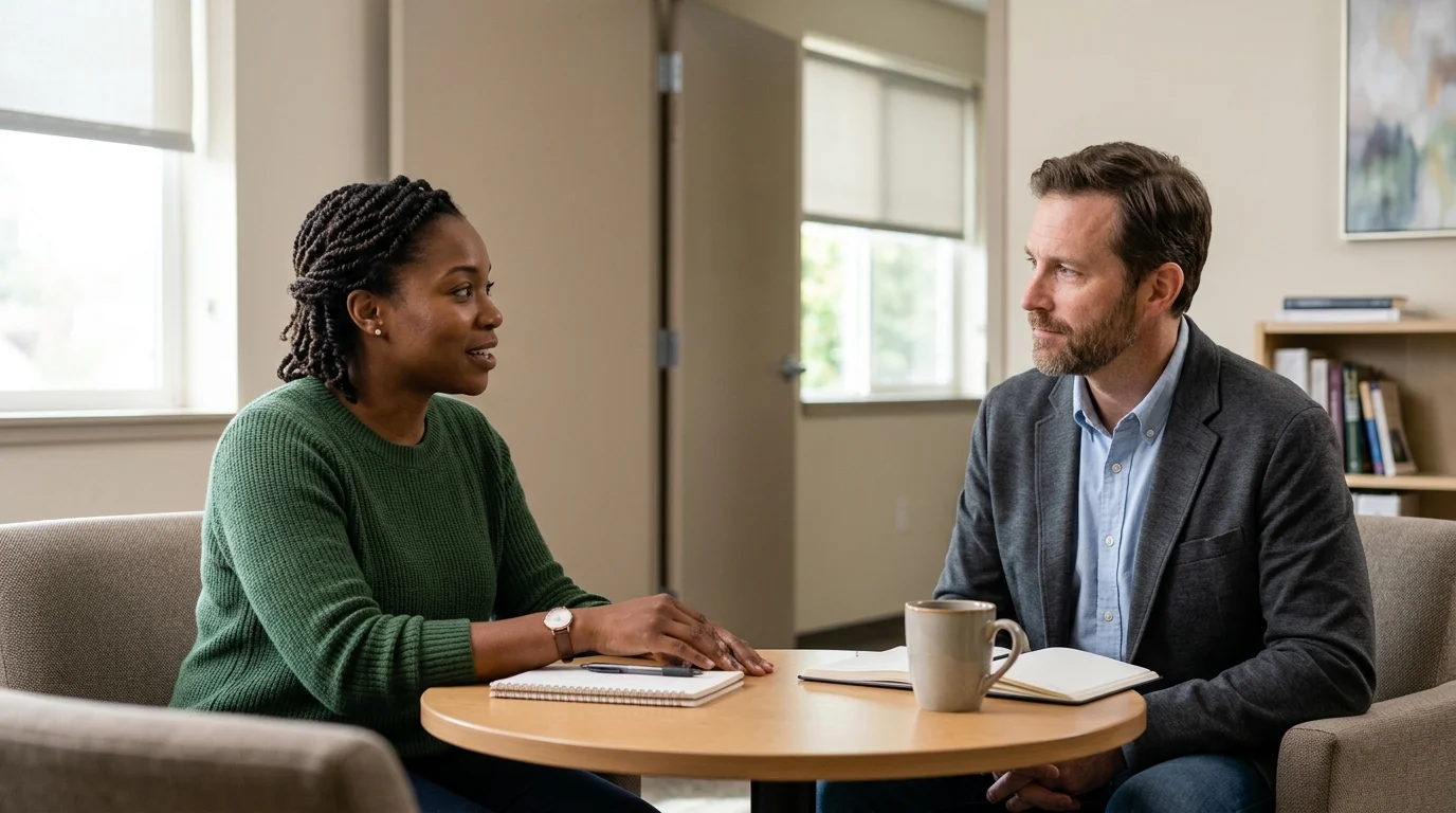 Two Adults Talking at a Table During Dual Diagnosis Assessment | Recreate Behavioral Health of Ohio