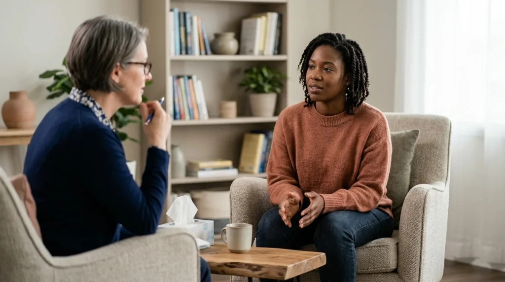 Woman in an Individual Therapy Session Discussing Stimulant Use and Mental Health | Recreate Behavioral Health of Ohio