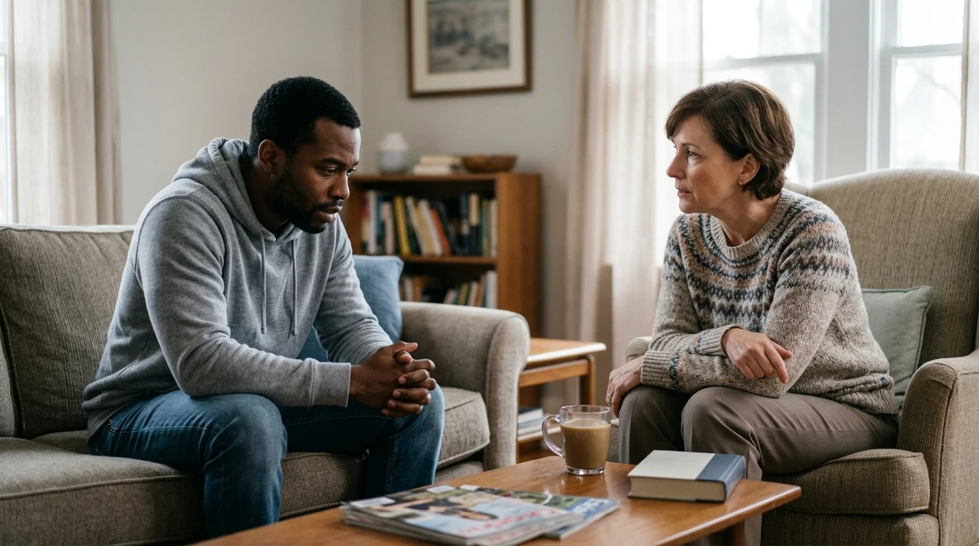 Adult Child Sitting Across From a Parent During a Difficult Conversation About Addiction Treatment | Recreate Ohio