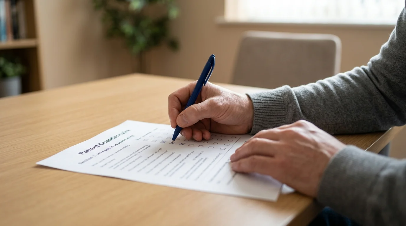 Close-Up of Hands Filling Out a Mental Health Assessment Form | Recreate Behavioral Health of Ohio