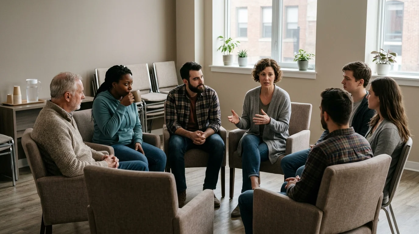 Small Group Therapy Circle Discussing Dual Diagnosis Recovery Progress | Recreate Behavioral Health of Ohio
